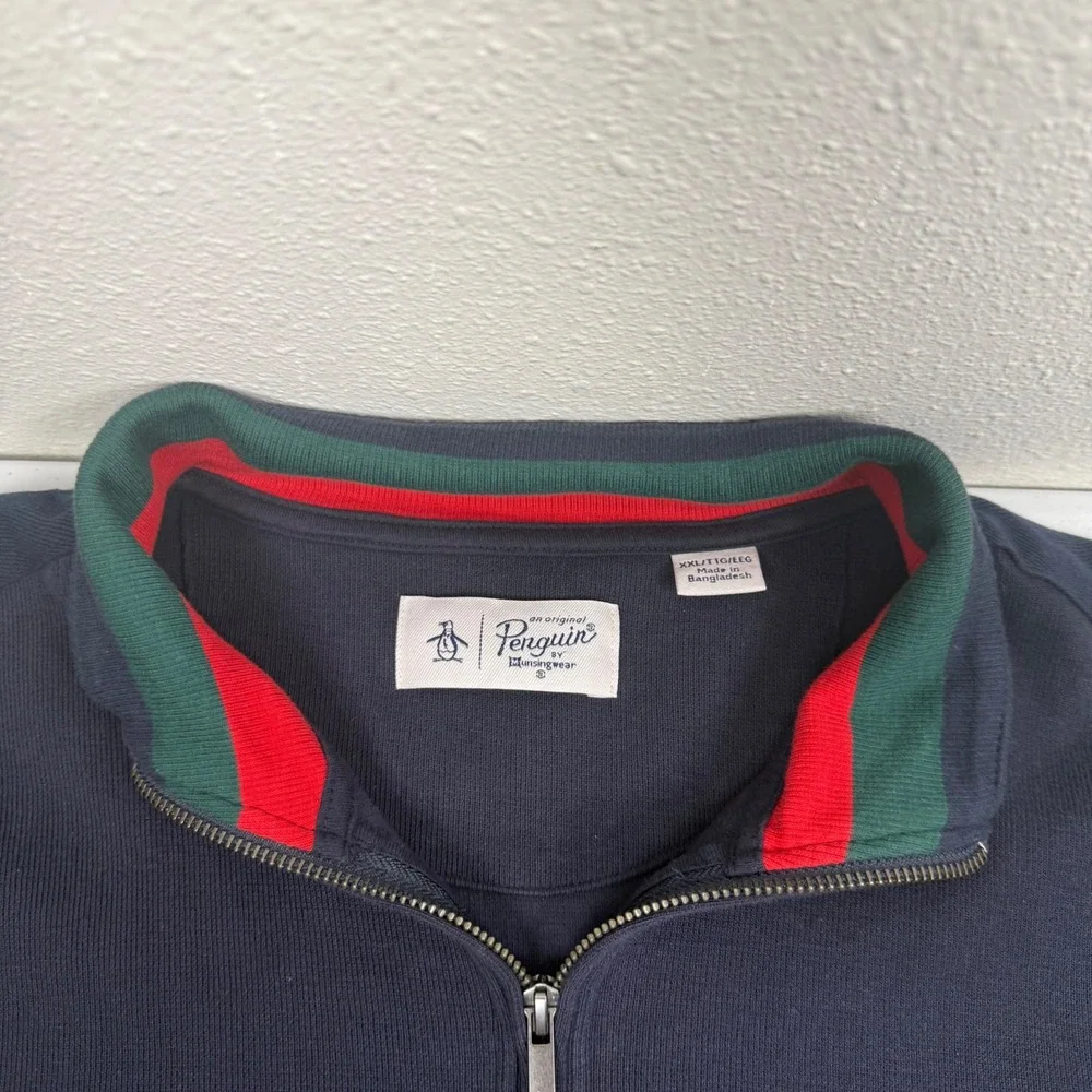 Original Penguin Mens XXL‎ Quarter Zip Pullover Navy Blue Striped Collar Logo